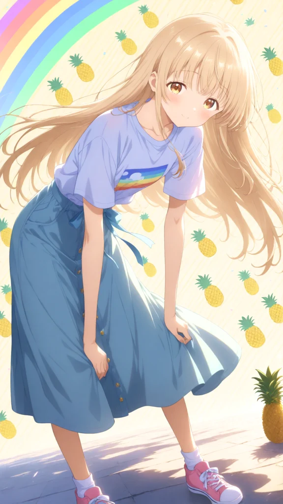 『お隣の天使様』椎名真昼のコメディ調イラスト。虹とパイナップルの背景に呆れつつ、パイナップルを抱えて「おやつはお預け」とイタズラっぽく眩しい笑顔を見せる虹Tシャツ姿の彼女。