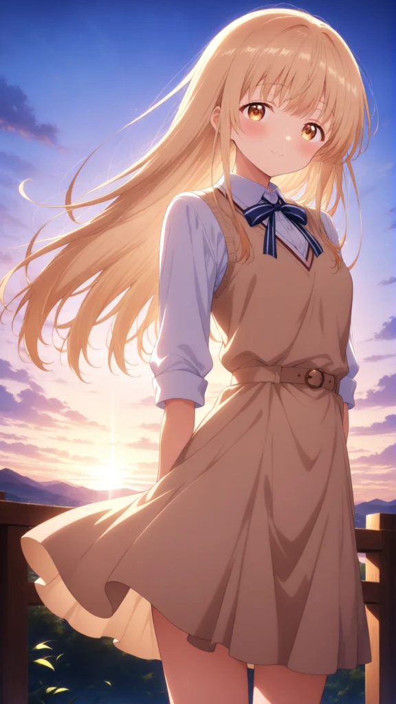 『お隣の天使様』椎名真昼のエモいイラスト。夕暮れの高台で、沈みゆく太陽を背に微笑む彼女。風に揺れる茶色のワンピースと、そっと絡まる小指のぬくもりを表現。