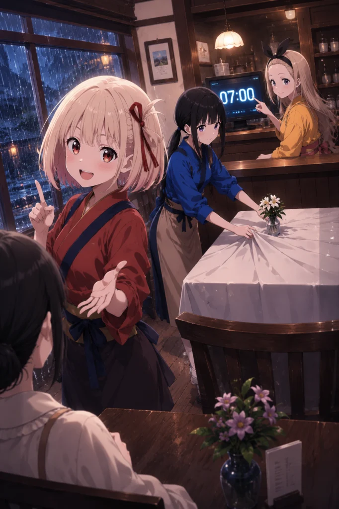 リコリコ SSの挿絵。夕立の喫茶リコリコで、7分のカウントダウンに合わせて連携する錦木千束、井ノ上たきな、クルミ