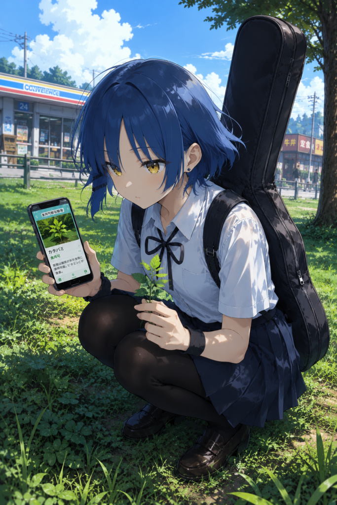 ベースケースを背負い、支出0円を目標に夏の街を歩く山田リョウ