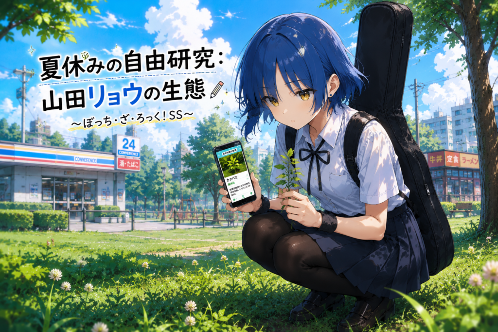ベースケースを背負い、支出0円を目標に夏の街を歩く山田リョウのアイキャッチ