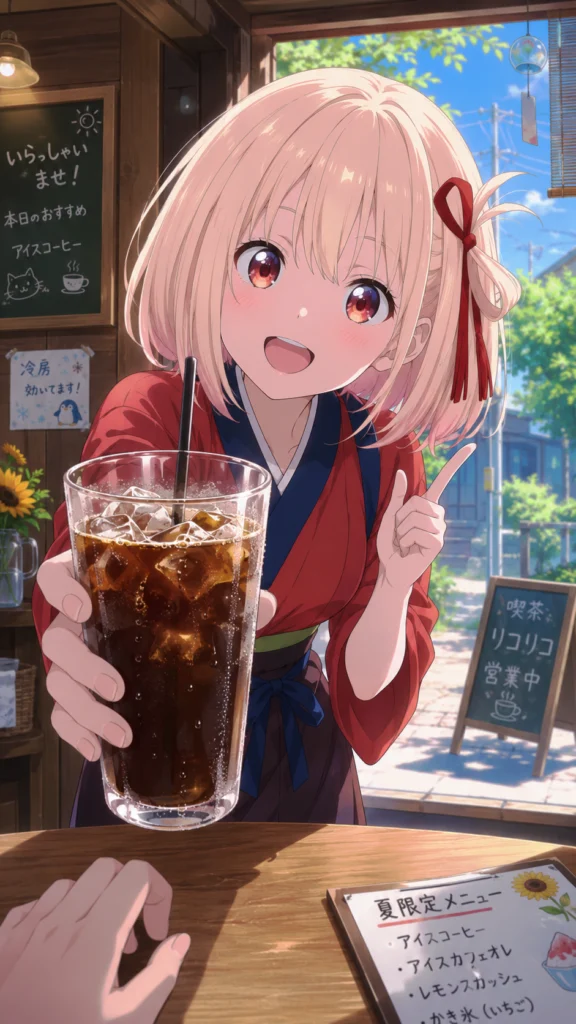真夏の喫茶リコリコで、常連客にアイスコーヒーを差し出す錦木千束