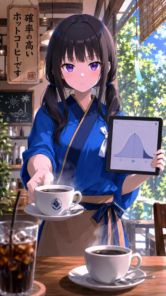 注文端末を持ち、常連客へホットコーヒーを差し出す井ノ上たきな