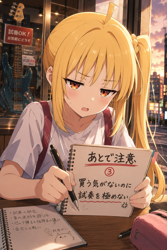 山田リョウの無料試奏を見て、観察ノートへ注意事項を書き込む伊地知虹夏 