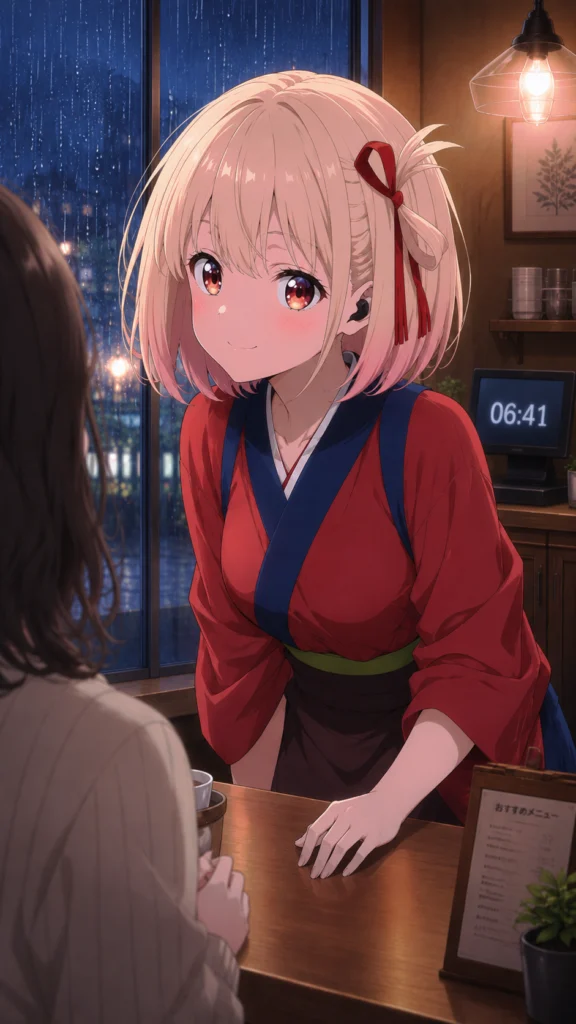 夕立の窓を背に、常連客の妻と笑顔で会話して時間を作る錦木千束