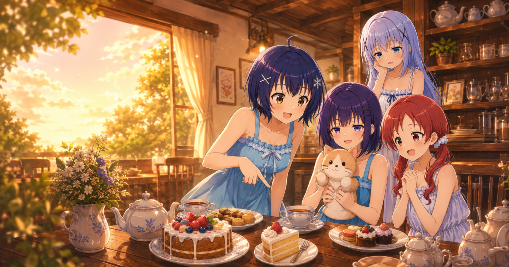 相談を終え、ケーキを囲みながら笑い合うチノ、マヤ、メグ、フユのアイキャッチ画像