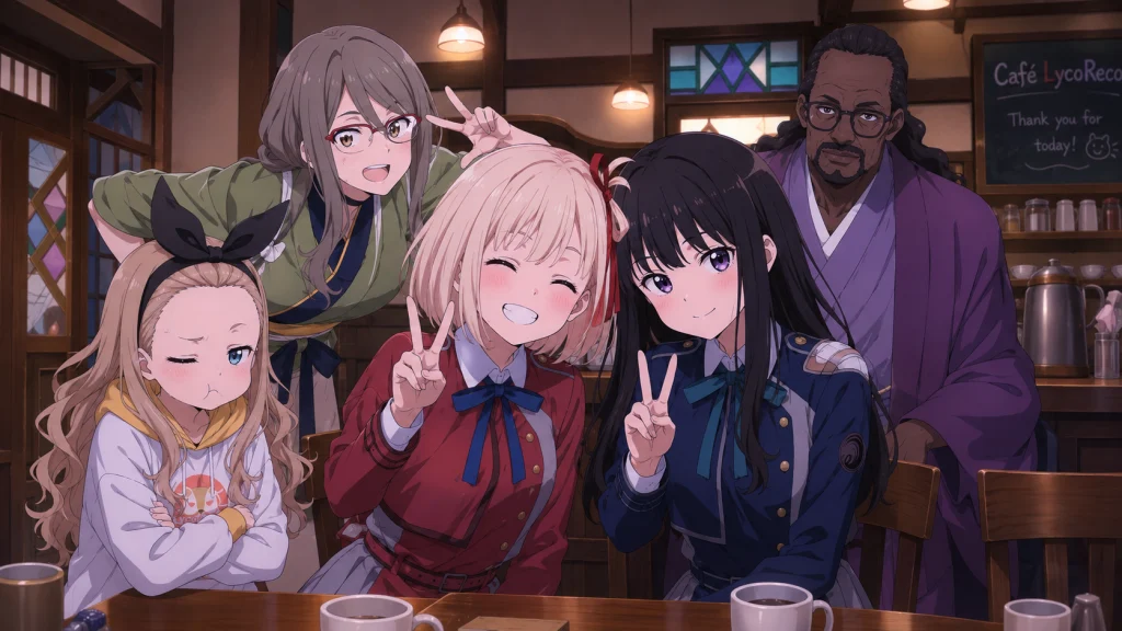 喫茶リコリコで千束とたきなを中心に、ミズキ、クルミ、ミカが並ぶ温かな集合写真風イラスト