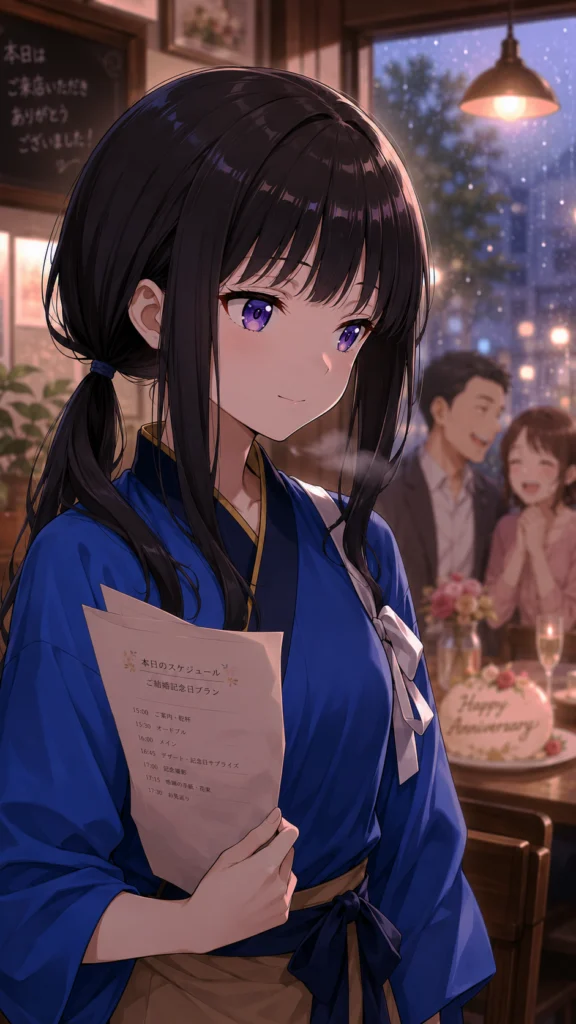 少し失敗した結婚記念日の席を見つめ、わずかに口元を緩める井ノ上たきな