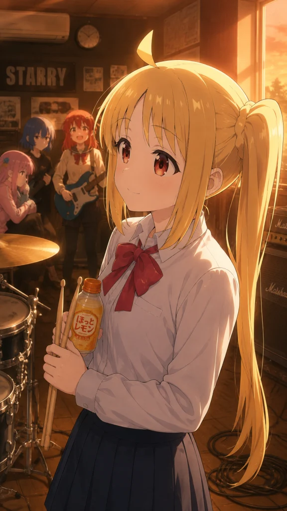 秋の夕方のSTARRYで、ドラムスティックと飲み物を持ちながら結束バンドのメンバーを穏やかに見つめる伊地知虹夏