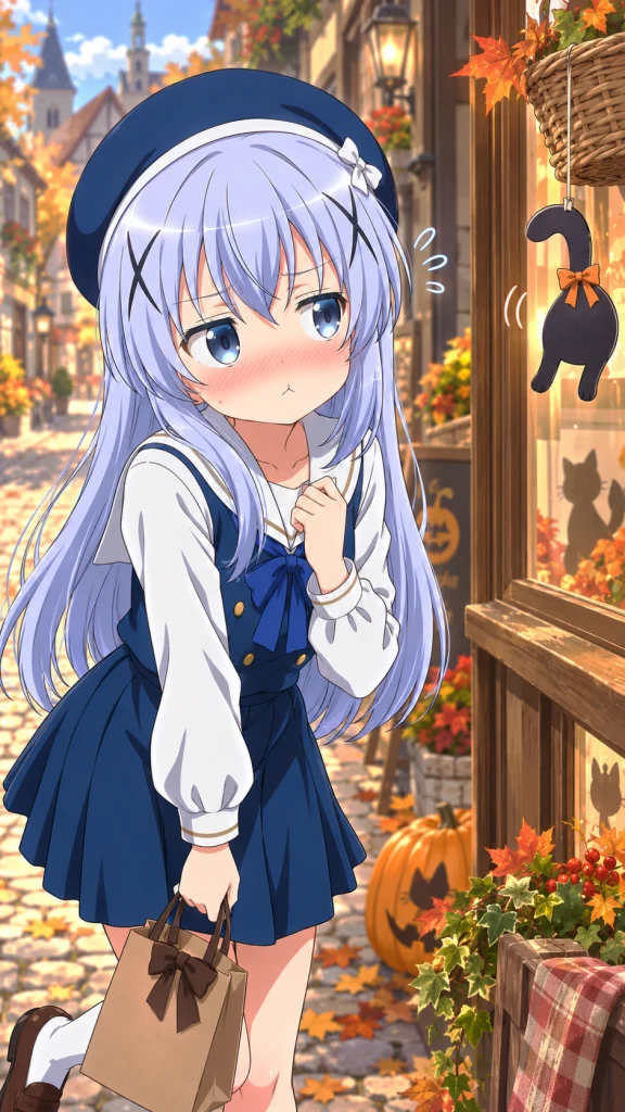 ハロウィンの黒猫飾りが揺れる店先で、買い物袋を持ち、頬を赤らめるチノ