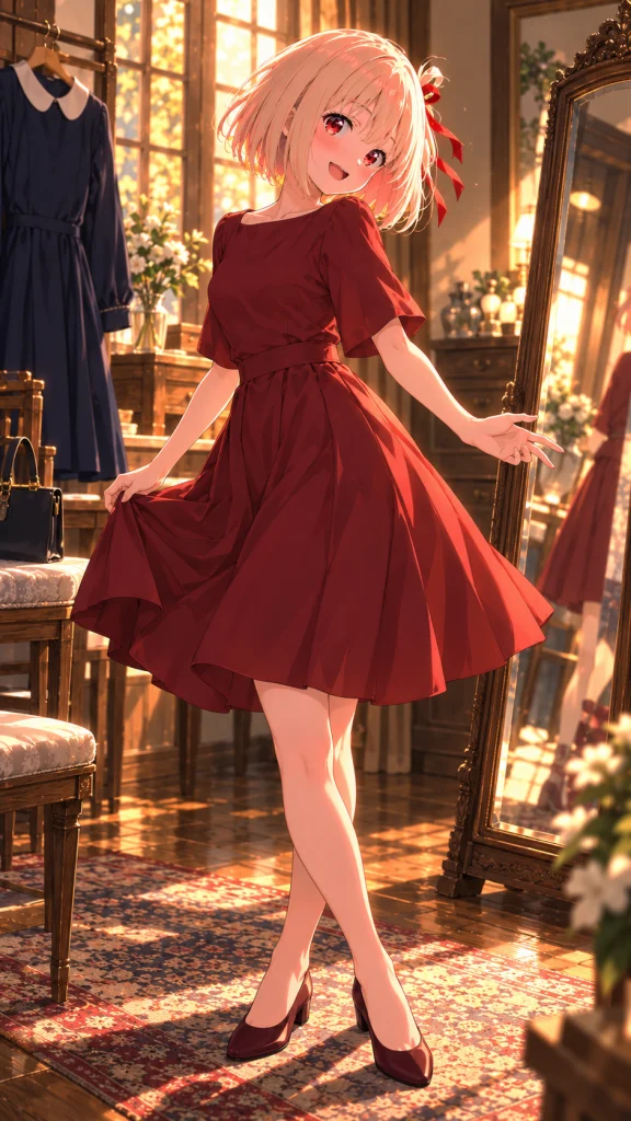 鏡の前で赤いドレスの裾を軽く広げ、笑顔で衣装を披露する千束