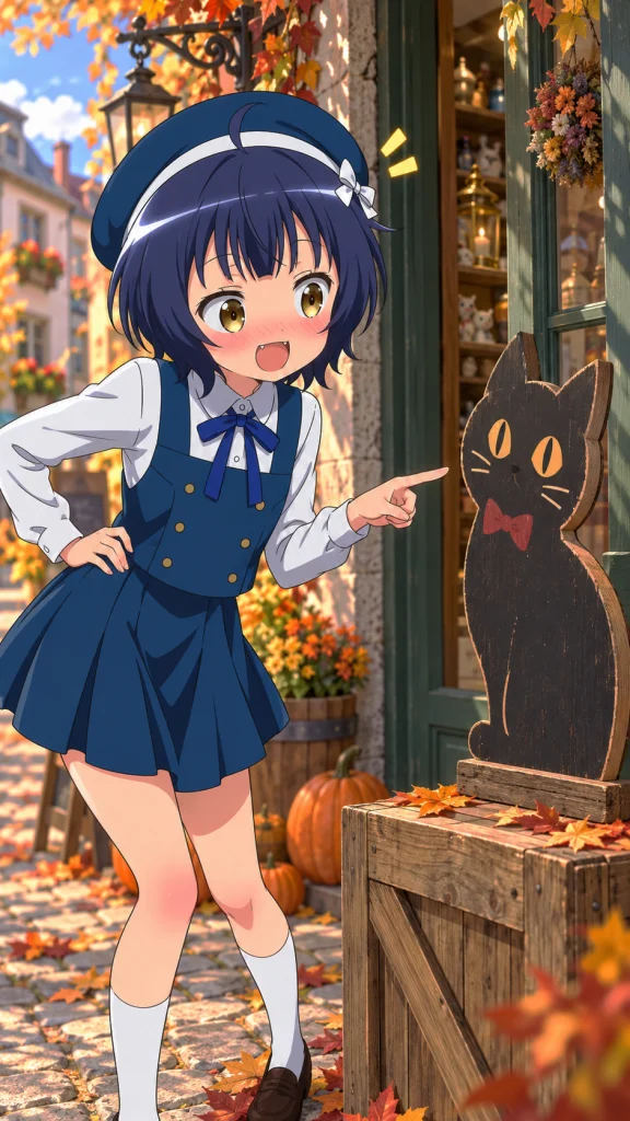 かぼちゃや落ち葉に彩られた雑貨屋の前で、木製の黒猫看板を指さすマヤ