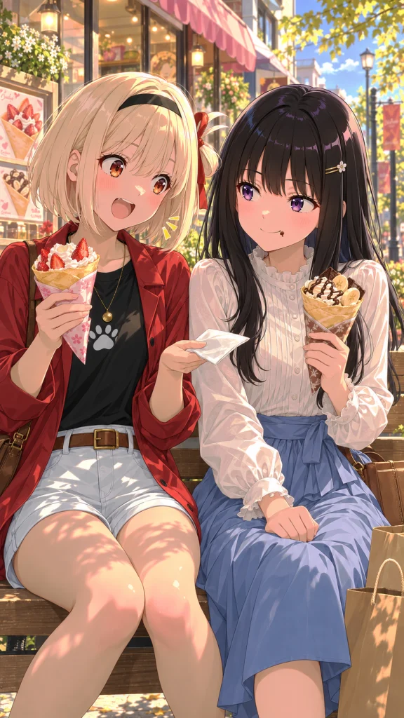 ベンチでクレープを楽しむ千束とたきな。千束が紙ナプキンを差し出し、口元にチョコをつけたたきなが微笑んでいる