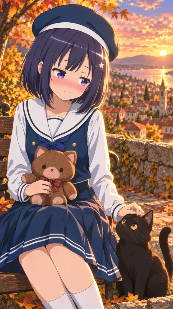 夕焼けの街を望むベンチで、茶色い猫のぬいぐるみを膝に載せ、隣の黒猫をなでるフユ