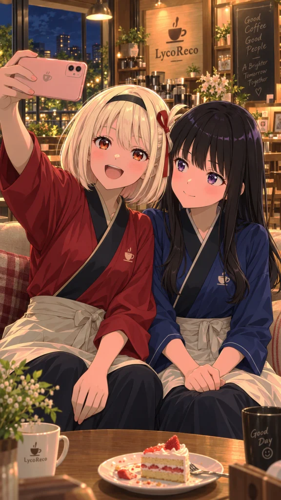 夜の喫茶リコリコで、赤と青の和装制服を着た千束とたきなが、肩を寄せてスマートフォンで自撮りするイラスト