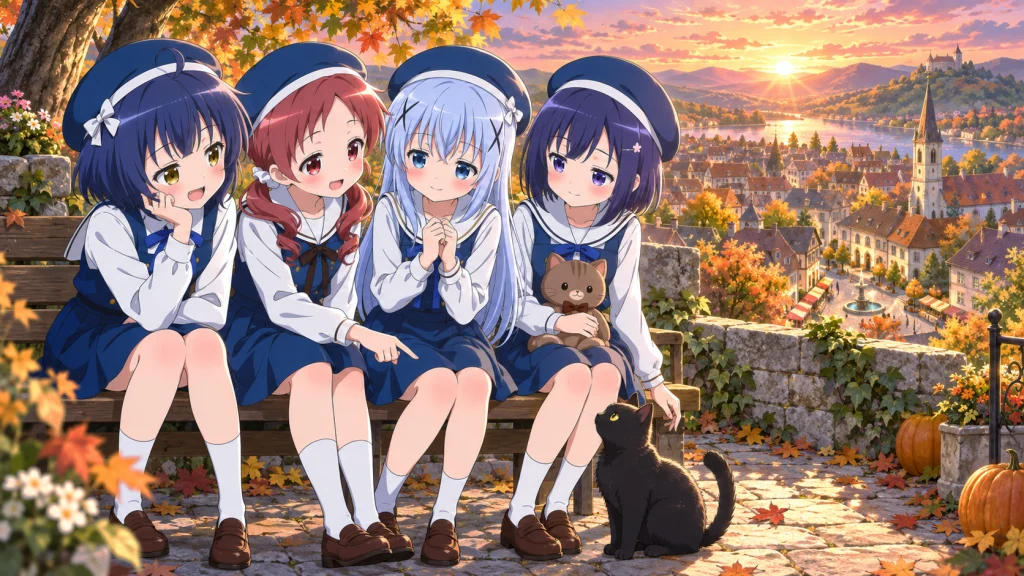 秋の夕日に染まる街を背景に、マヤ、メグ、チノ、フユがベンチに並び、足元の黒猫と過ごす集合イラスト