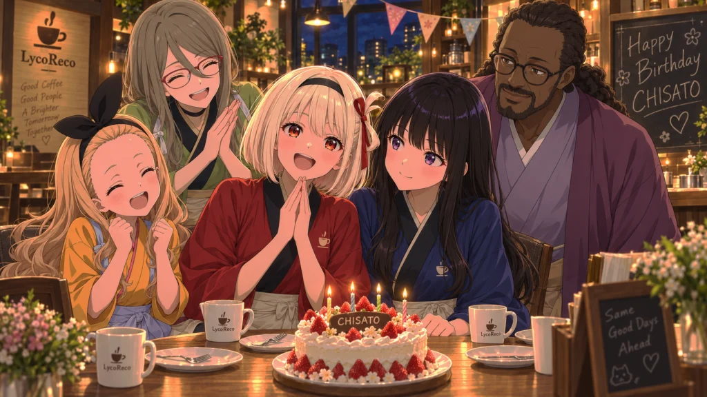 喫茶リコリコで苺の誕生日ケーキを囲み、千束をたきな、クルミ、ミズキ、ミカが笑顔で祝う横長イラスト