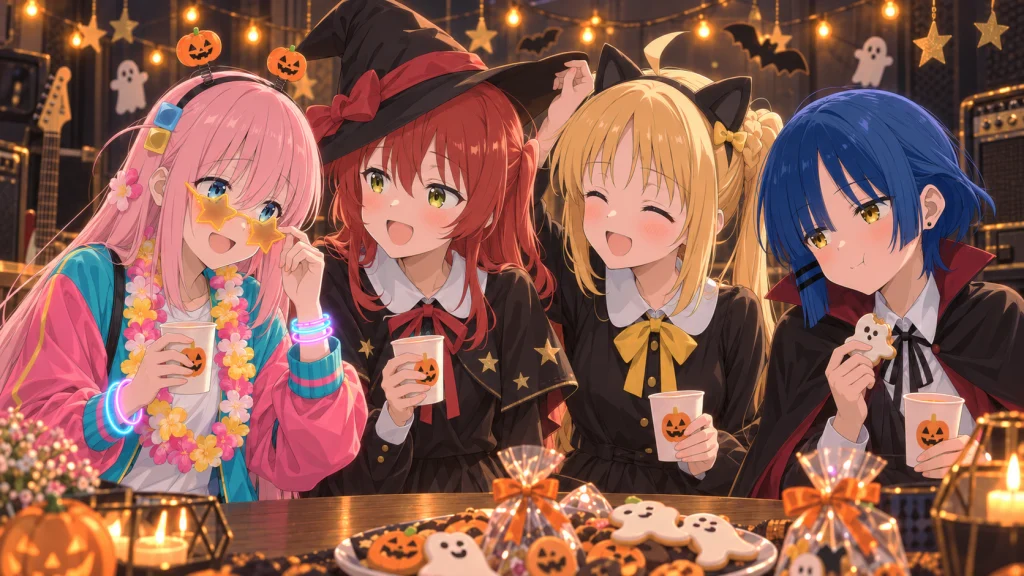 ハロウィンの飾りに囲まれ、星形サングラスの後藤ひとり、魔女姿の喜多郁代、黒猫姿の伊地知虹夏、クッキーを頬張る吸血鬼姿の山田リョウが、紙コップを持って並んでいる。
