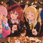 ハロウィンの飾りに囲まれ、星形サングラスの後藤ひとり、魔女姿の喜多郁代、黒猫姿の伊地知虹夏、クッキーを頬張る吸血鬼姿の山田リョウが、紙コップを持って並んでいる。