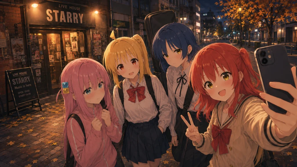 秋の夜のSTARRY前で、喜多郁代がスマートフォンを構え、虹夏・ひとり・リョウと4人で撮る結束バンドの自撮り風集合写真