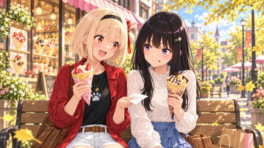 日差しの明るい街角で、千束とたきなが並んで座り、苺とチョコバナナのクレープを手に笑顔を交わすアイキャッチイラスト