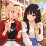 日差しの明るい街角で、千束とたきなが並んで座り、苺とチョコバナナのクレープを手に笑顔を交わすアイキャッチイラスト