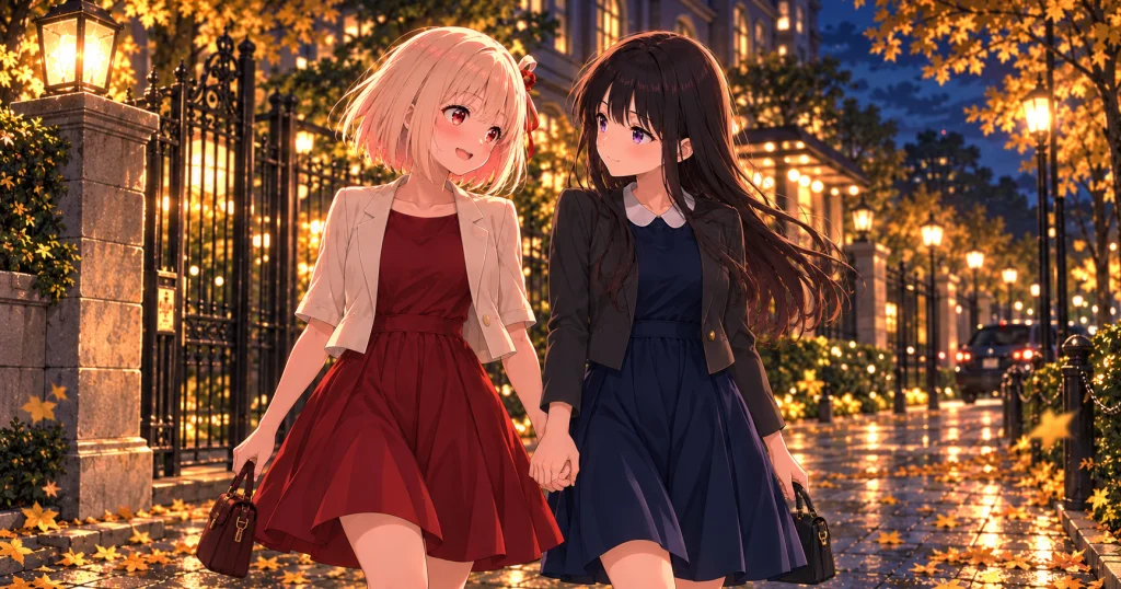 秋の夜の並木道で手をつなぎ、互いに微笑みかけながら歩く千束とたきな
