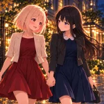 秋の夜の並木道で手をつなぎ、互いに微笑みかけながら歩く千束とたきな