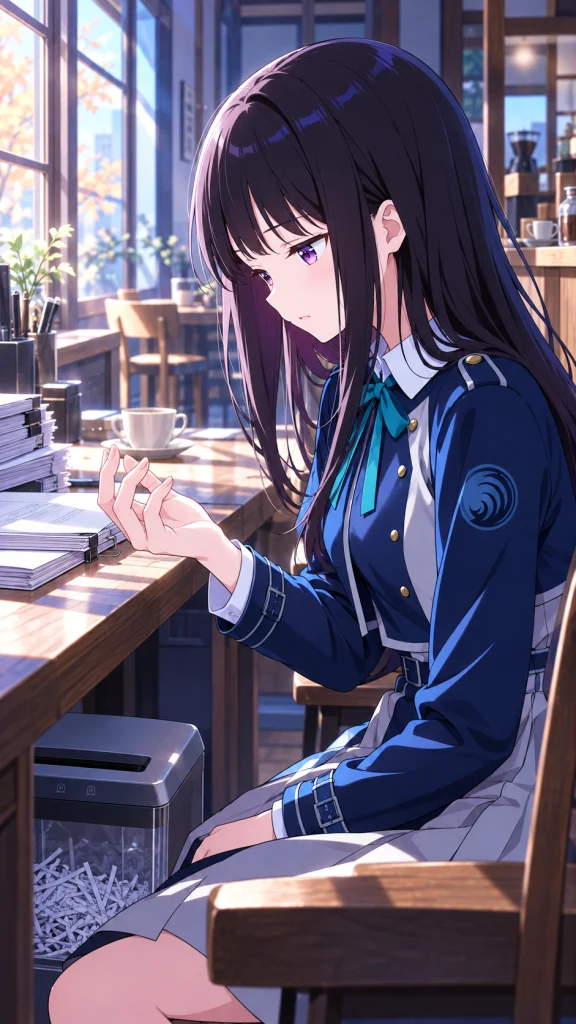 青い影に包まれた作業机で、報告書をシュレッダーに送ったあとの指先を見つめるたきな