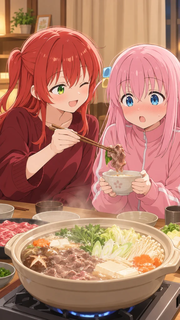 喜多郁代が笑顔で牛肉を取り分け、お椀を両手に持った後藤ひとりが驚く鍋会の一場面
