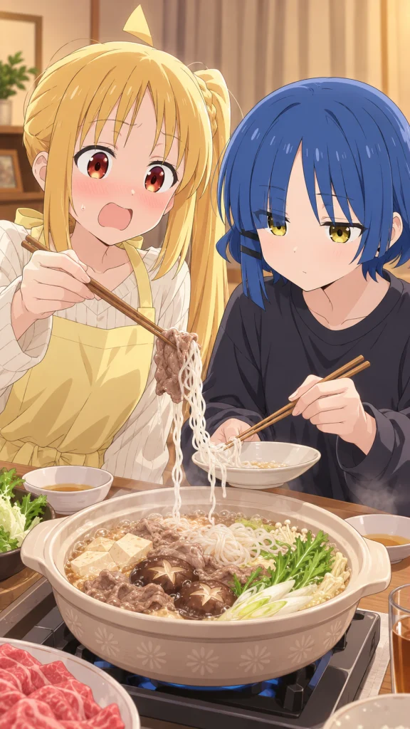 牛肉に絡んだしらたきを持ち上げて戸惑う伊地知虹夏と、落ち着いて箸でほどく山田リョウ