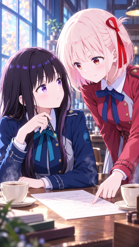 二つのコーヒーカップが並ぶ机で、紙の書き込みを指して笑う千束と、顔を上げかけるたきな
