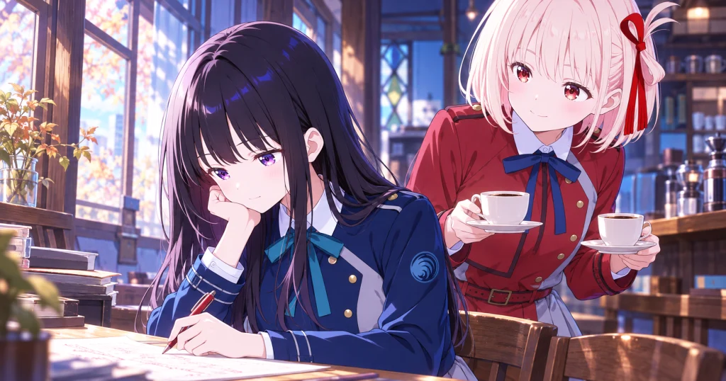 秋の喫茶リコリコで朱色の書き込みがある紙を見つめるたきなと、コーヒーを持って近づく千束